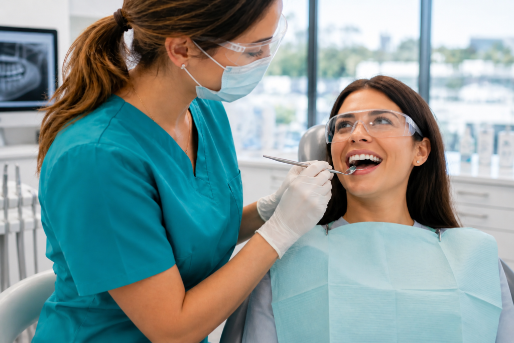 Dentist performing a dental check up on a smiling patient at Memon Dental Care Castle Hill
