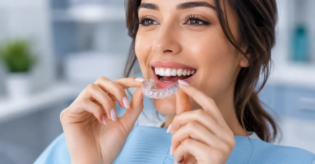 Patient fitting clear aligner tray at orthodontics Castle Hill Memon Dental Care