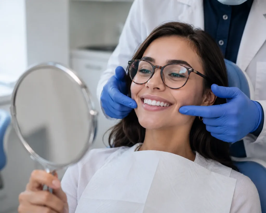 Patient admiring smile results at cosmetic dentist Castle Hill Memon Dental Care