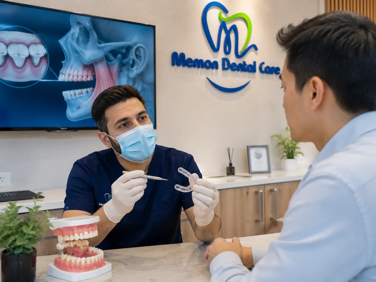 Dentist explaining teeth grinding treatment with a custom occlusal night guard during a consultation in Castle Hill.