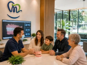 Family discussing personalised dental care with an experienced dentist during a consultation at a modern family dental clinic in Castle Hill.