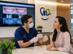 Dentist discussing cosmetic dentistry and smile makeover options with a patient during a consultation in Castle Hill.