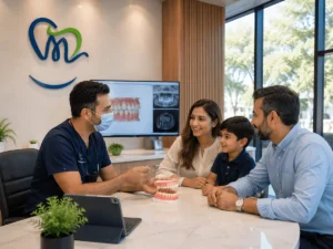 Experienced dentist welcoming a patient during a consultation at a modern dental clinic in Castle Hill Sydney.