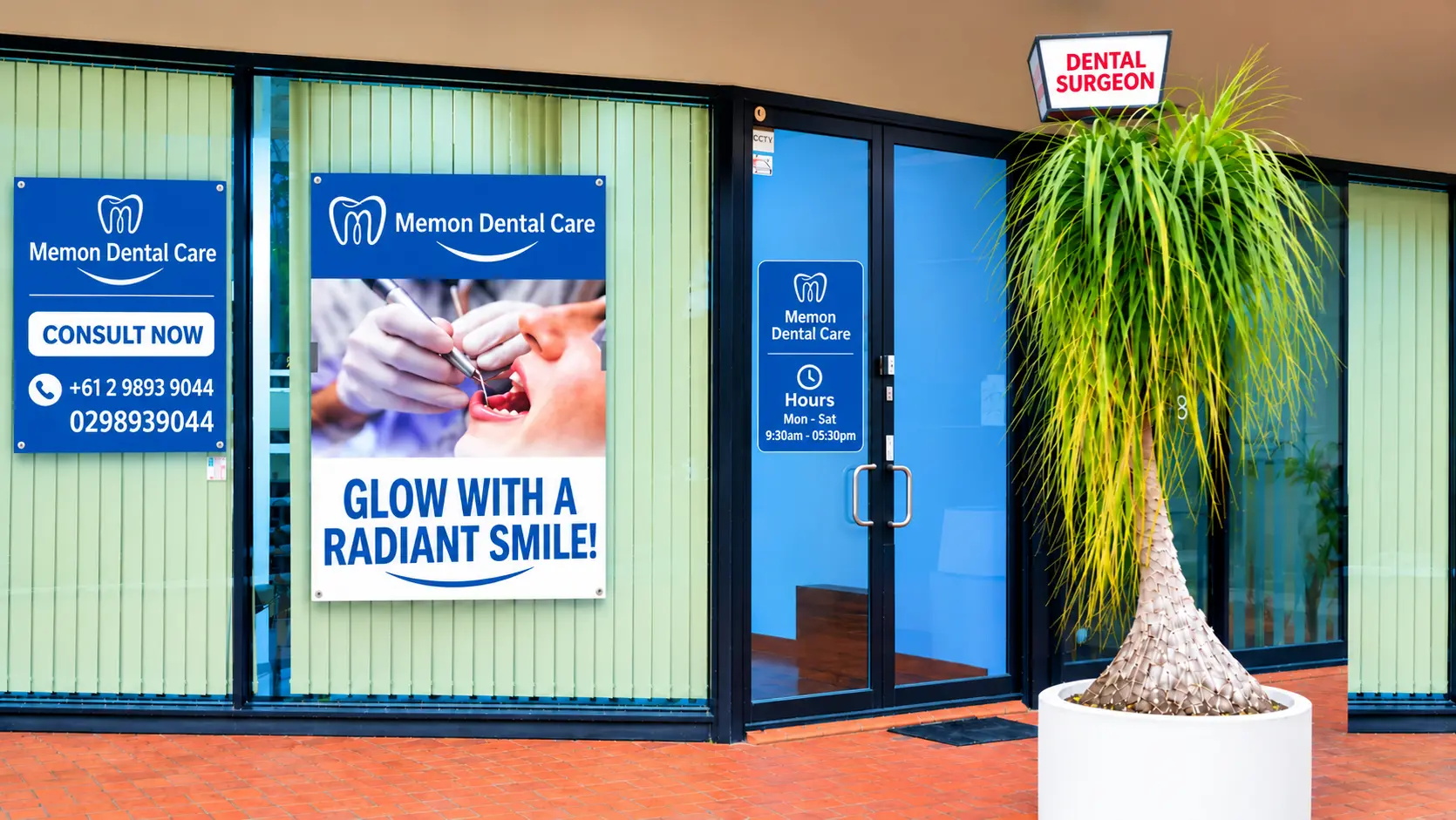 Memon Dental Care clinic entrance in Bankstown with signage and 'Glow